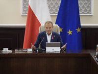 Poland's Prime Minister Donald Tusk gestures as he takes part in the weekly Ministerial meeting in Warsaw, Poland, on October 15, 2024. (