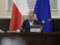 Poland's Prime Minister Donald Tusk gestures as he takes part in the weekly Ministerial meeting in Warsaw, Poland, on October 15, 2024. (