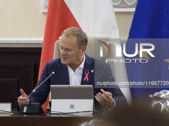 Poland's Prime Minister Donald Tusk gestures as he takes part in the weekly Ministerial meeting in Warsaw, Poland, on October 15, 2024. (