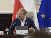 Poland's Prime Minister Donald Tusk gestures as he takes part in the weekly Ministerial meeting in Warsaw, Poland, on October 15, 2024. (