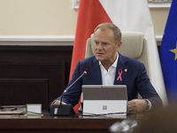 Poland's Prime Minister Donald Tusk gestures as he takes part in the weekly Ministerial meeting in Warsaw, Poland, on October 15, 2024. (