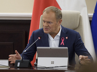 Poland's Prime Minister Donald Tusk gestures as he takes part in the weekly Ministerial meeting in Warsaw, Poland, on October 15, 2024. (