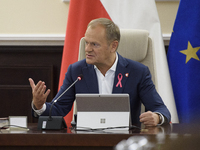 Poland's Prime Minister Donald Tusk gestures as he takes part in the weekly Ministerial meeting in Warsaw, Poland, on October 15, 2024. (