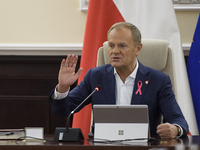 Poland's Prime Minister Donald Tusk gestures as he takes part in the weekly Ministerial meeting in Warsaw, Poland, on October 15, 2024. (