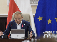 Poland's Prime Minister Donald Tusk gestures as he takes part in the weekly Ministerial meeting in Warsaw, Poland, on October 15, 2024. (