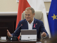 Poland's Prime Minister Donald Tusk gestures as he takes part in the weekly Ministerial meeting in Warsaw, Poland, on October 15, 2024. (