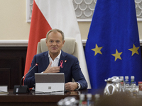 Poland's Prime Minister Donald Tusk gestures as he takes part in the weekly Ministerial meeting in Warsaw, Poland, on October 15, 2024. (