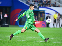 In Qingdao, China, on October 15, 2024, a photo shows Chinese soccer players during their match against Indonesia at home in the 4th round o...