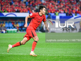 In Qingdao, China, on October 15, 2024, a photo shows Chinese soccer players during their match against Indonesia at home in the 4th round o...