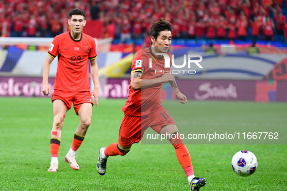 In Qingdao, China, on October 15, 2024, a photo shows Chinese soccer players during their match against Indonesia at home in the 4th round o...