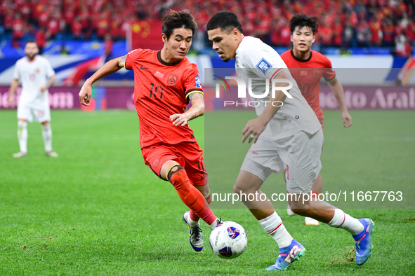 In Qingdao, China, on October 15, 2024, a photo shows Chinese soccer players during their match against Indonesia at home in the 4th round o...