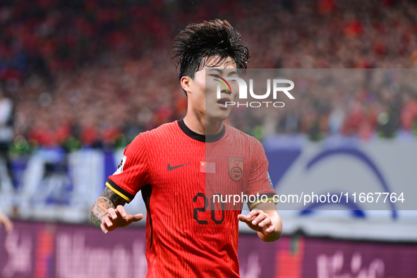 In Qingdao, China, on October 15, 2024, a photo shows Chinese soccer players during their match against Indonesia at home in the 4th round o...