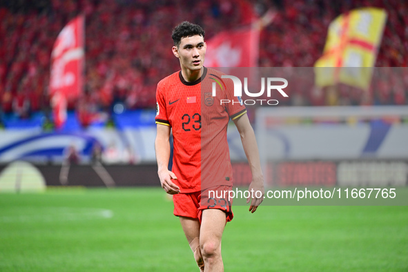 In Qingdao, China, on October 15, 2024, a photo shows Chinese soccer players during their match against Indonesia at home in the 4th round o...