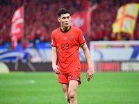 In Qingdao, China, on October 15, 2024, a photo shows Chinese soccer players during their match against Indonesia at home in the 4th round o...