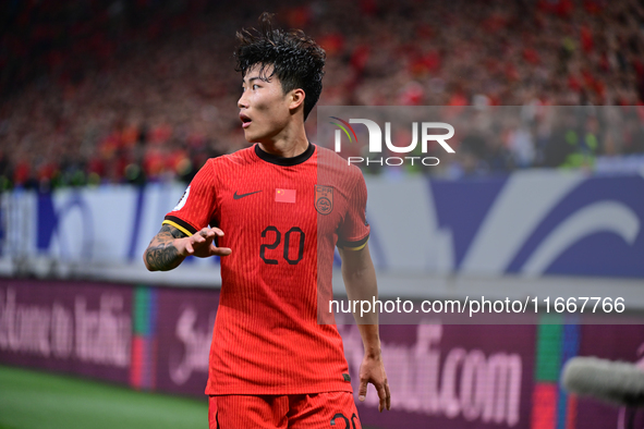 In Qingdao, China, on October 15, 2024, a photo shows Chinese soccer players during their match against Indonesia at home in the 4th round o...