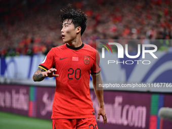 In Qingdao, China, on October 15, 2024, a photo shows Chinese soccer players during their match against Indonesia at home in the 4th round o...