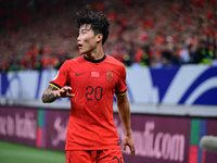 In Qingdao, China, on October 15, 2024, a photo shows Chinese soccer players during their match against Indonesia at home in the 4th round o...