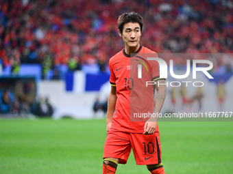 In Qingdao, China, on October 15, 2024, a photo shows Chinese soccer players during their match against Indonesia at home in the 4th round o...