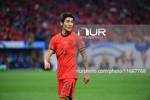 In Qingdao, China, on October 15, 2024, a photo shows Chinese soccer players during their match against Indonesia at home in the 4th round o...