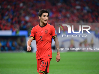 In Qingdao, China, on October 15, 2024, a photo shows Chinese soccer players during their match against Indonesia at home in the 4th round o...