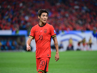 In Qingdao, China, on October 15, 2024, a photo shows Chinese soccer players during their match against Indonesia at home in the 4th round o...