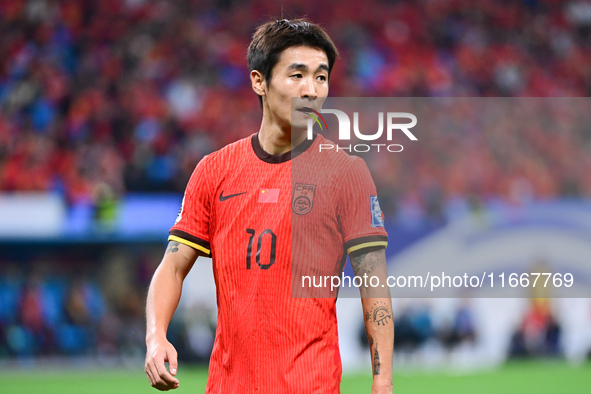 In Qingdao, China, on October 15, 2024, a photo shows Chinese soccer players during their match against Indonesia at home in the 4th round o...