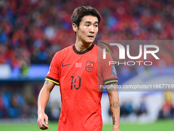 In Qingdao, China, on October 15, 2024, a photo shows Chinese soccer players during their match against Indonesia at home in the 4th round o...