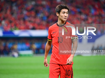 In Qingdao, China, on October 15, 2024, a photo shows Chinese soccer players during their match against Indonesia at home in the 4th round o...