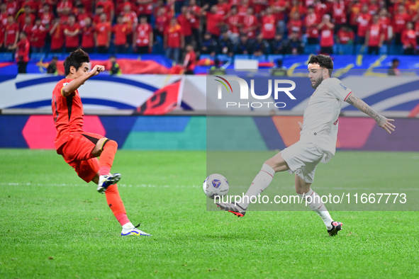 In Qingdao, China, on October 15, 2024, a photo shows Chinese soccer players during their match against Indonesia at home in the 4th round o...