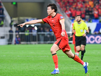 In Qingdao, China, on October 15, 2024, a photo shows Chinese soccer players during their match against Indonesia at home in the 4th round o...