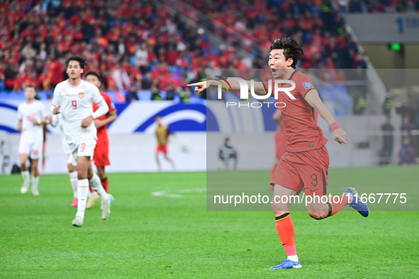 In Qingdao, China, on October 15, 2024, a photo shows Chinese soccer players during their match against Indonesia at home in the 4th round o...