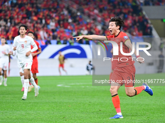 In Qingdao, China, on October 15, 2024, a photo shows Chinese soccer players during their match against Indonesia at home in the 4th round o...