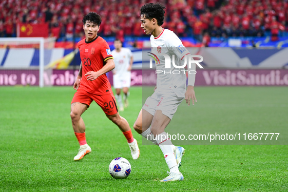 In Qingdao, China, on October 15, 2024, a photo shows Chinese soccer players during their match against Indonesia at home in the 4th round o...