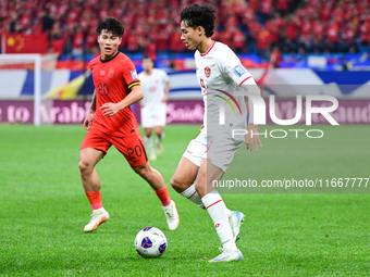 In Qingdao, China, on October 15, 2024, a photo shows Chinese soccer players during their match against Indonesia at home in the 4th round o...