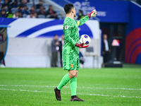 In Qingdao, China, on October 15, 2024, a photo shows Chinese soccer players during their match against Indonesia at home in the 4th round o...