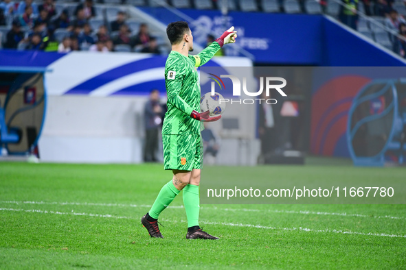 In Qingdao, China, on October 15, 2024, a photo shows Chinese soccer players during their match against Indonesia at home in the 4th round o...