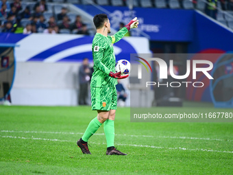 In Qingdao, China, on October 15, 2024, a photo shows Chinese soccer players during their match against Indonesia at home in the 4th round o...