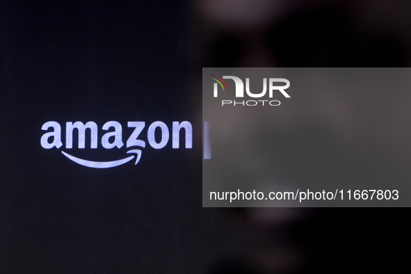 Amazon branding is seen during an event in Mumbai, India, on October 15, 2024. 