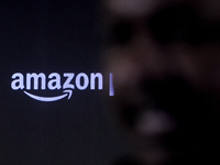 Amazon branding is seen during an event in Mumbai, India, on October 15, 2024. (