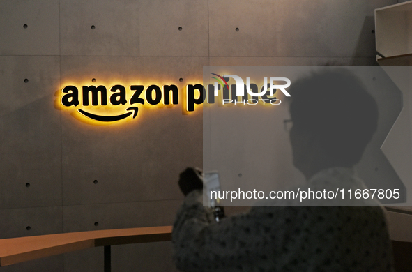 Amazon branding is seen during an event in Mumbai, India, on October 15, 2024. 