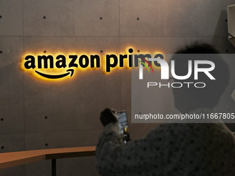 Amazon branding is seen during an event in Mumbai, India, on October 15, 2024. (