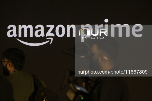 Amazon branding is seen during an event in Mumbai, India, on October 15, 2024. 