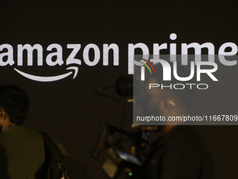 Amazon branding is seen during an event in Mumbai, India, on October 15, 2024. (