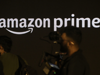 Amazon branding is seen during an event in Mumbai, India, on October 15, 2024. (