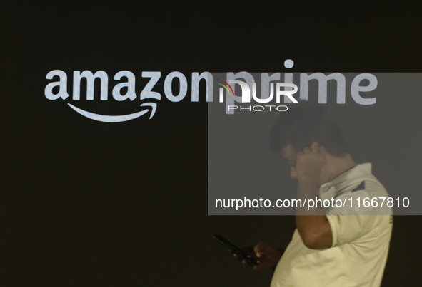 Amazon branding is seen during an event in Mumbai, India, on October 15, 2024. 