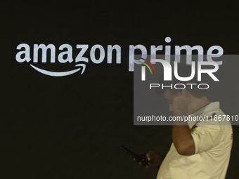 Amazon branding is seen during an event in Mumbai, India, on October 15, 2024. (