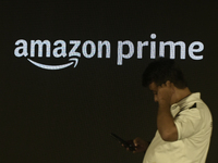 Amazon branding is seen during an event in Mumbai, India, on October 15, 2024. (