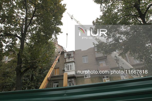 The apartment block in Vokzalna Square, Dnipro, Ukraine, is being dismantled on October 14, 2024. A Russian missile hit this location on Apr...