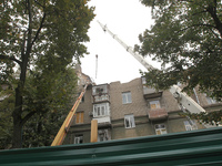 The apartment block in Vokzalna Square, Dnipro, Ukraine, is being dismantled on October 14, 2024. A Russian missile hit this location on Apr...