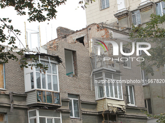 The apartment block in Vokzalna Square, Dnipro, Ukraine, is being dismantled on October 14, 2024. A Russian missile hit this location on Apr...